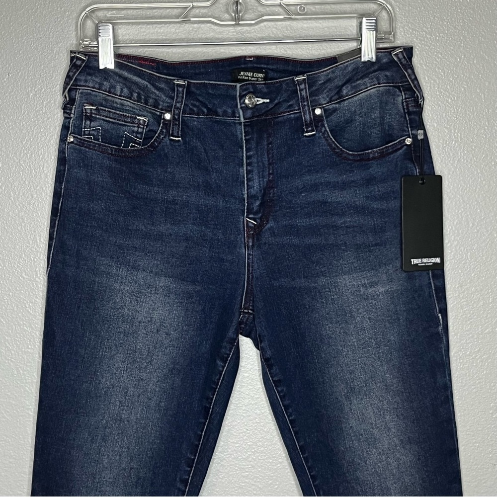True Religion Jennie Curvy Midrise Super Skinny Women 30 Blue Red Stitch NWT - Picture 2 of 9